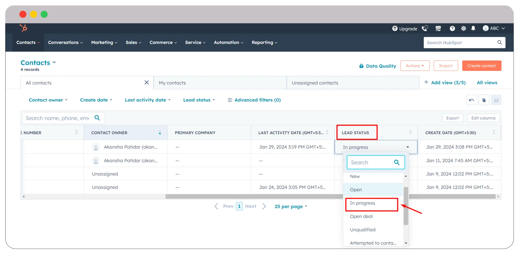 HubSpotのリードステータス管理画面。フォロー状況に合わせて状態を更新できる。