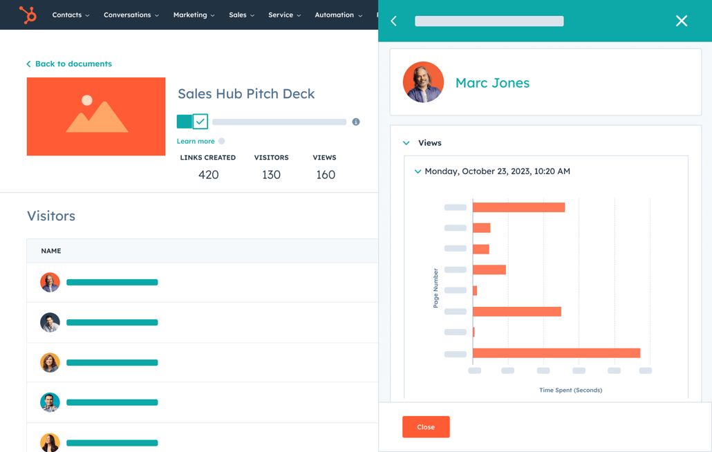 デジタルデータを活用した営業資料のトラッキング画面(HubSpot)