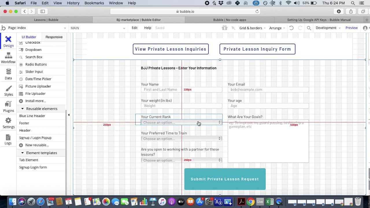 Bubble.io のエディタ画面。ノーコードでアプリを開発する様子。