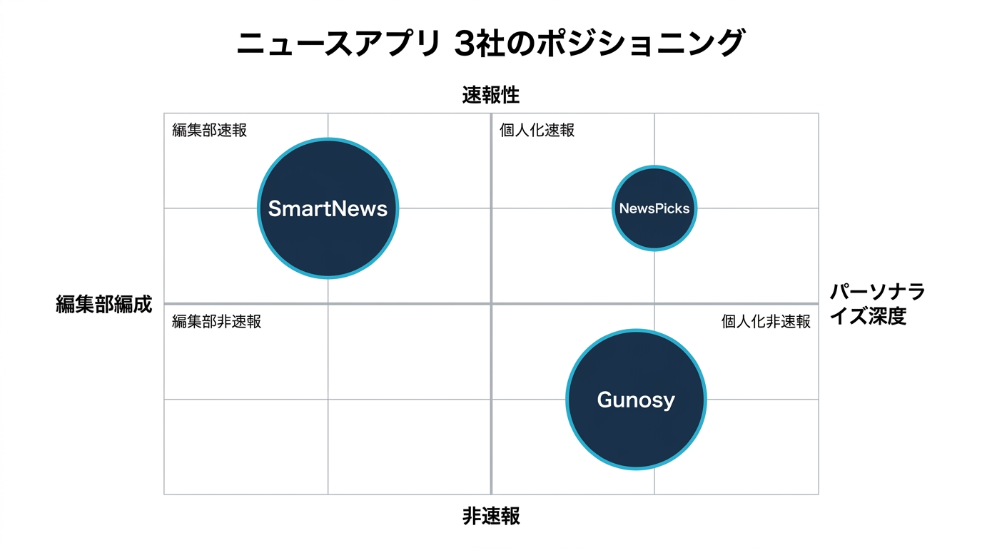 ニュースアプリ 3 社のポジショニング図(速報性 × パーソナライズ深度)