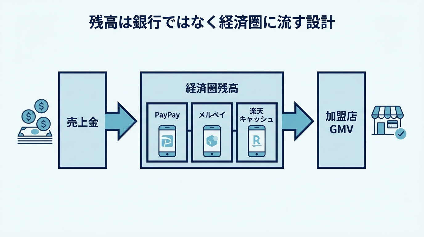 3社のキャッシュアウト経済圏フロー：残高は銀行に出さず経済圏に閉じ込める