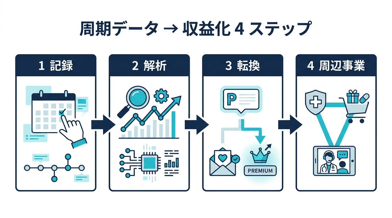 フェムテック 周期データから収益化までの 4 ステップフロー