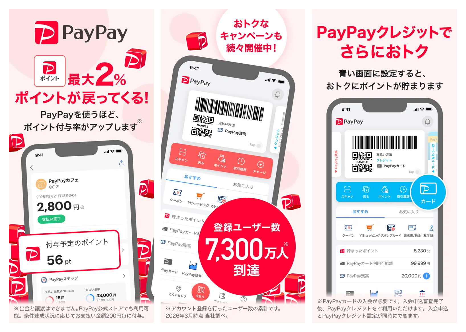 PayPay アプリの主要画面（ポイント還元・残高・PayPayクレジット）