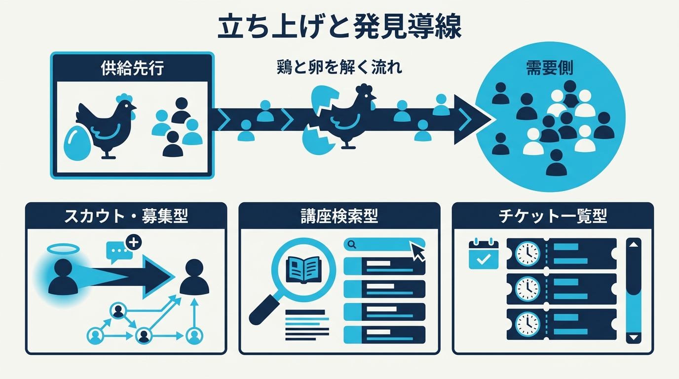 売り手と買い手のマーケットプレイスの立ち上げと発見導線を比較した図。供給先行で鶏と卵を解く流れと、スカウト募集型・講座検索型・チケット一覧型という3つの発見導線の対比