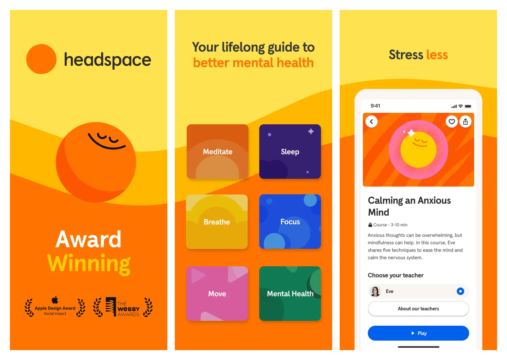 Headspace の主要画面(ホーム・ガイド瞑想・スリープ)