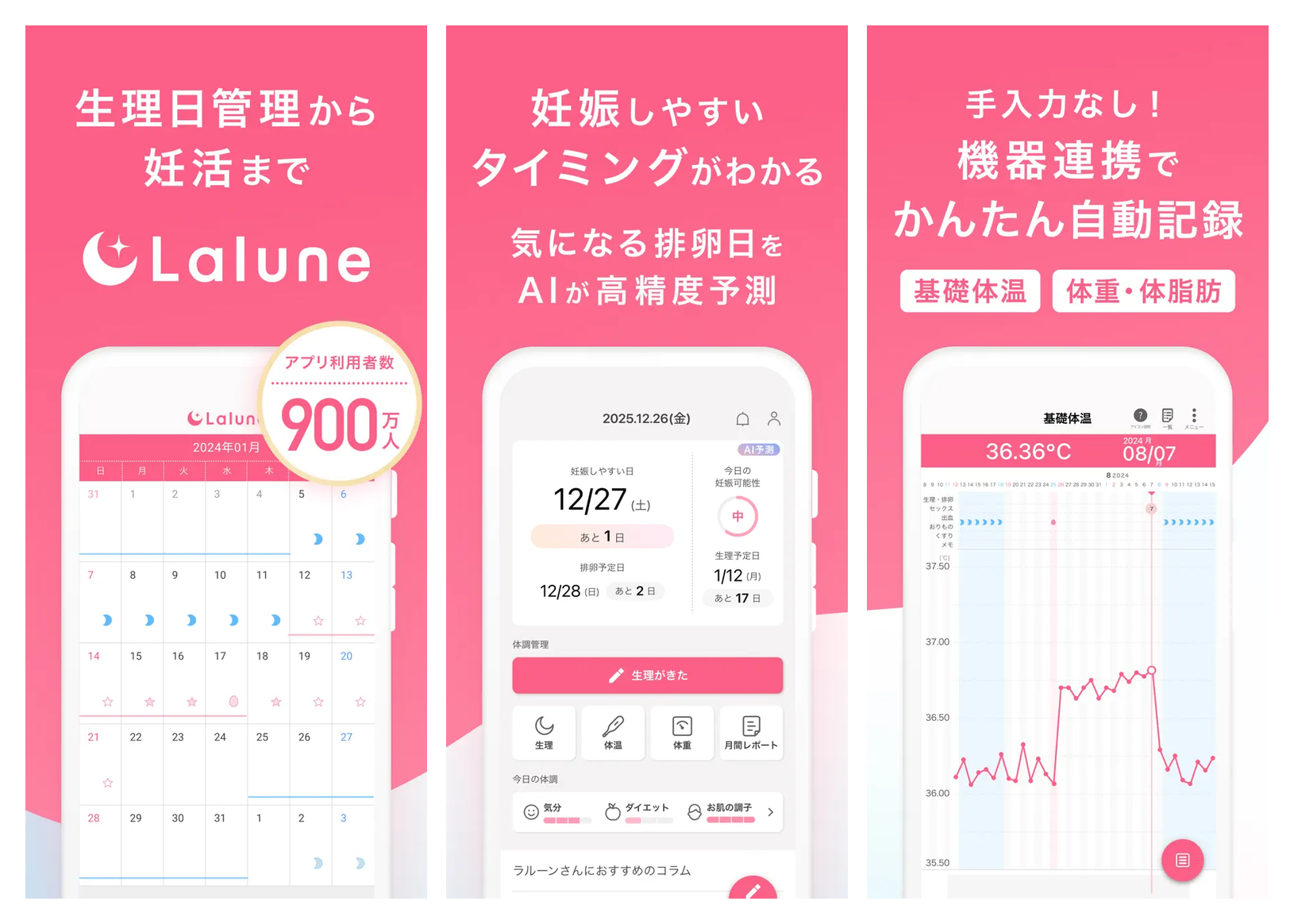 ラルーンの主要画面（妊活モード・基礎体温・コミュニティ）