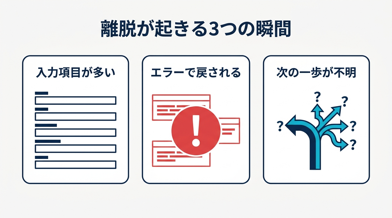 離脱が起きる3つの瞬間 入力項目が多い エラーで戻される 次の一歩が不明