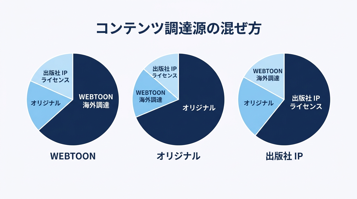 マンガアプリ 3 社のコンテンツ調達源の構成比