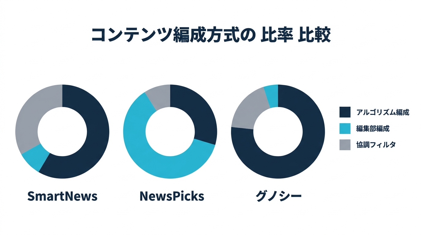 ニュースアプリ 3 社のコンテンツ編成方式の比率比較(アルゴリズム編成・編集部編成・協調フィルタ)