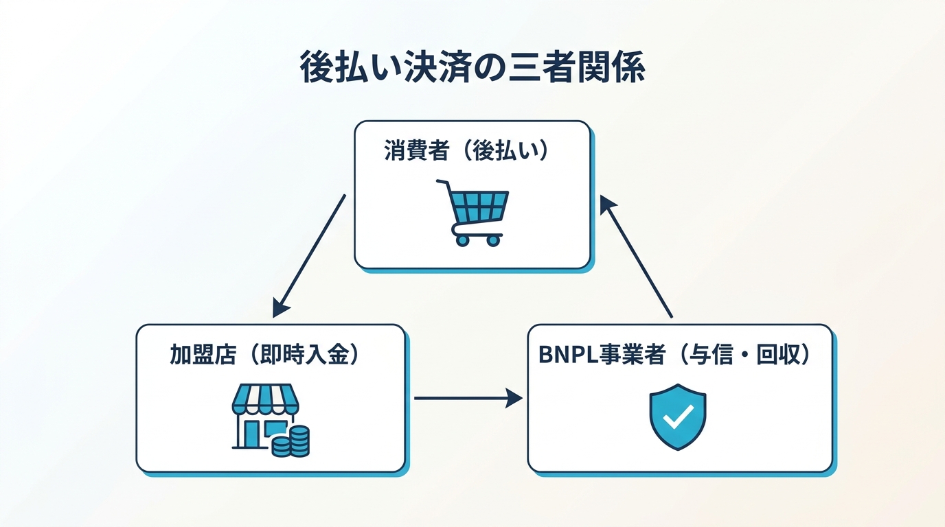 後払い決済の三者関係 消費者(後払い) 加盟店(即時入金) BNPL事業者(与信・回収)