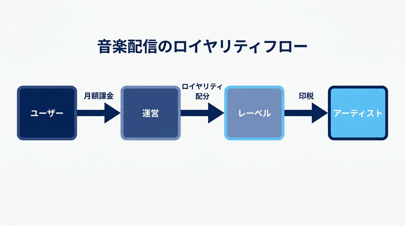 音楽配信のロイヤリティフロー（ユーザー → 運営 → レーベル → アーティスト）