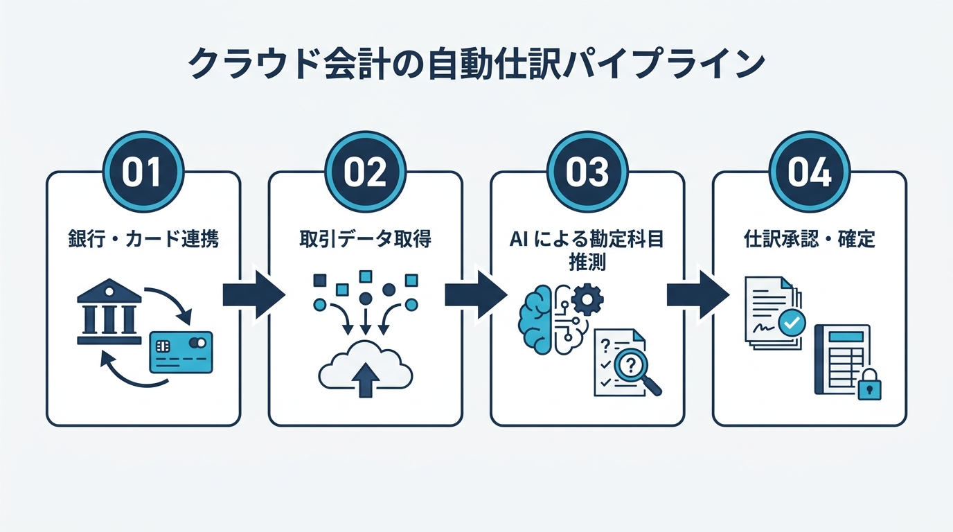 クラウド会計の推測仕訳フロー — 取込から仕訳確定まで
