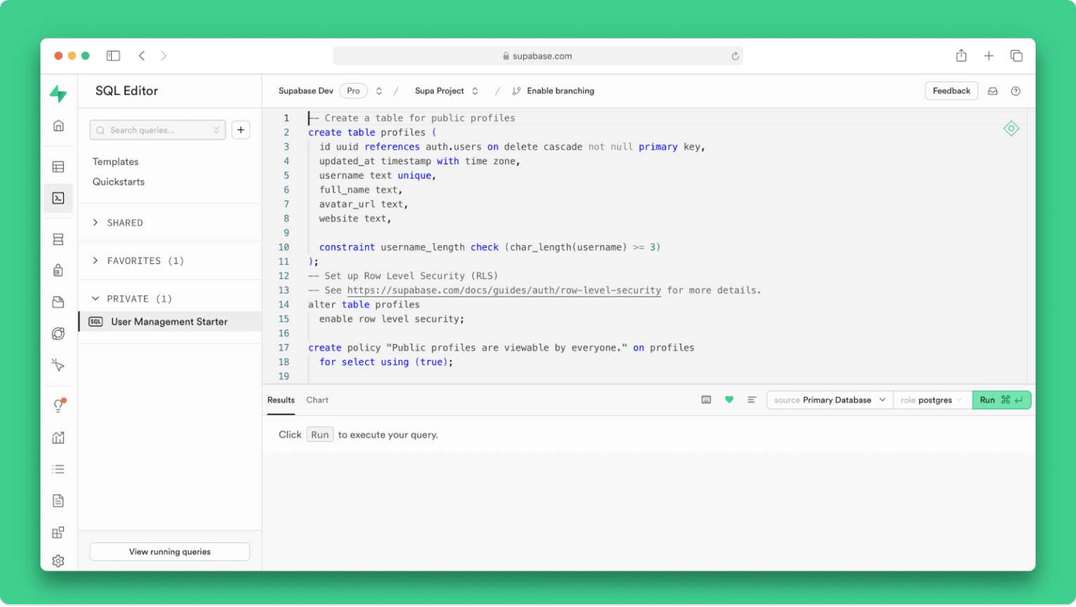 Supabase Studio の SQL エディタとサイドバー、Run（⌘Enter）の実画面