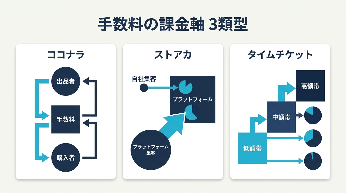 手数料の課金軸3類型を比較した図。ココナラは出品者と購入者の両方から手数料を取る両面課金、ストアカは集客チャネルによって料率が変わる集客連動、タイムチケットは取引金額帯ごとの段階制を表す