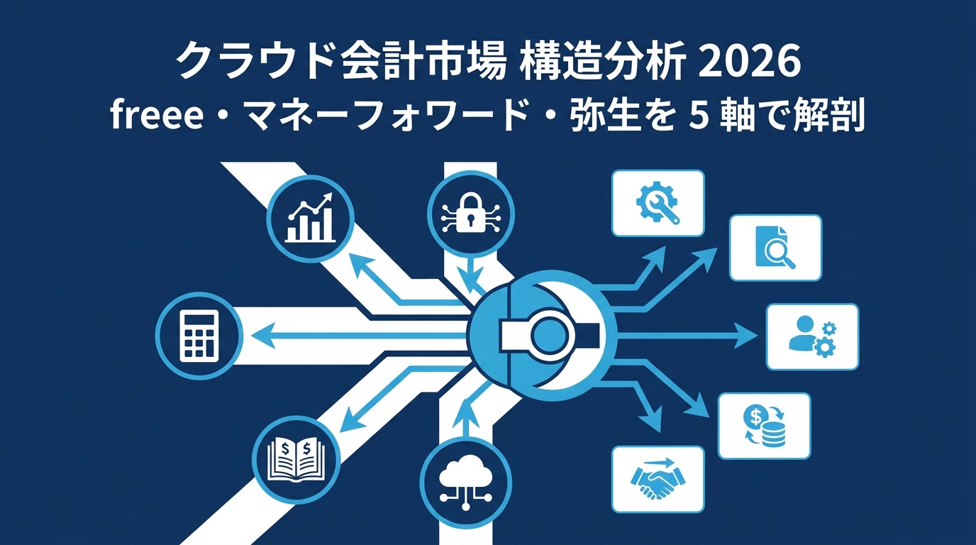クラウド会計市場 構造分析 2026 — freee・マネーフォワード・弥生 を 5 軸で解剖