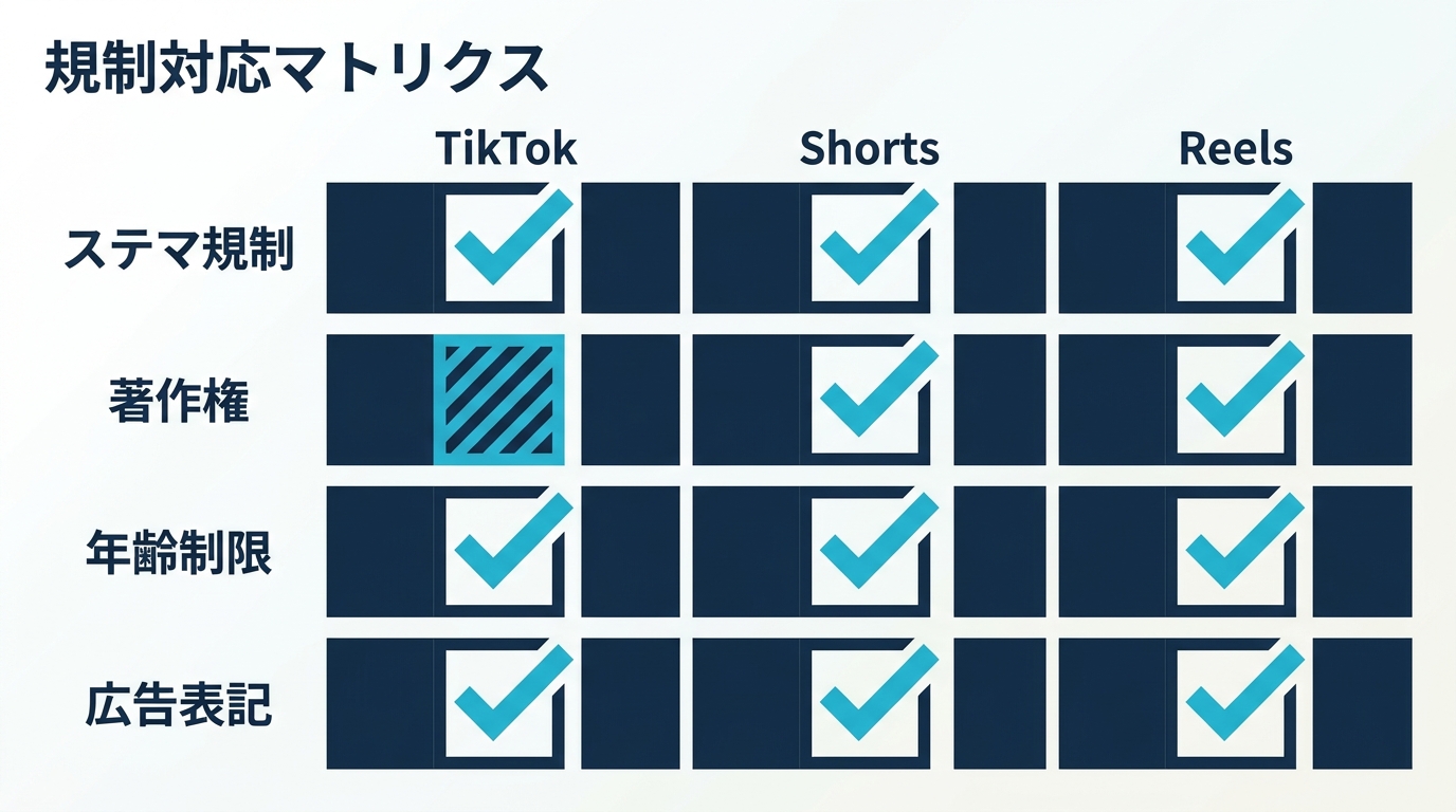 規制対応マトリクス — 3 社の景表法 PR 表記・著作権・年齢制限・広告表記の対応状況