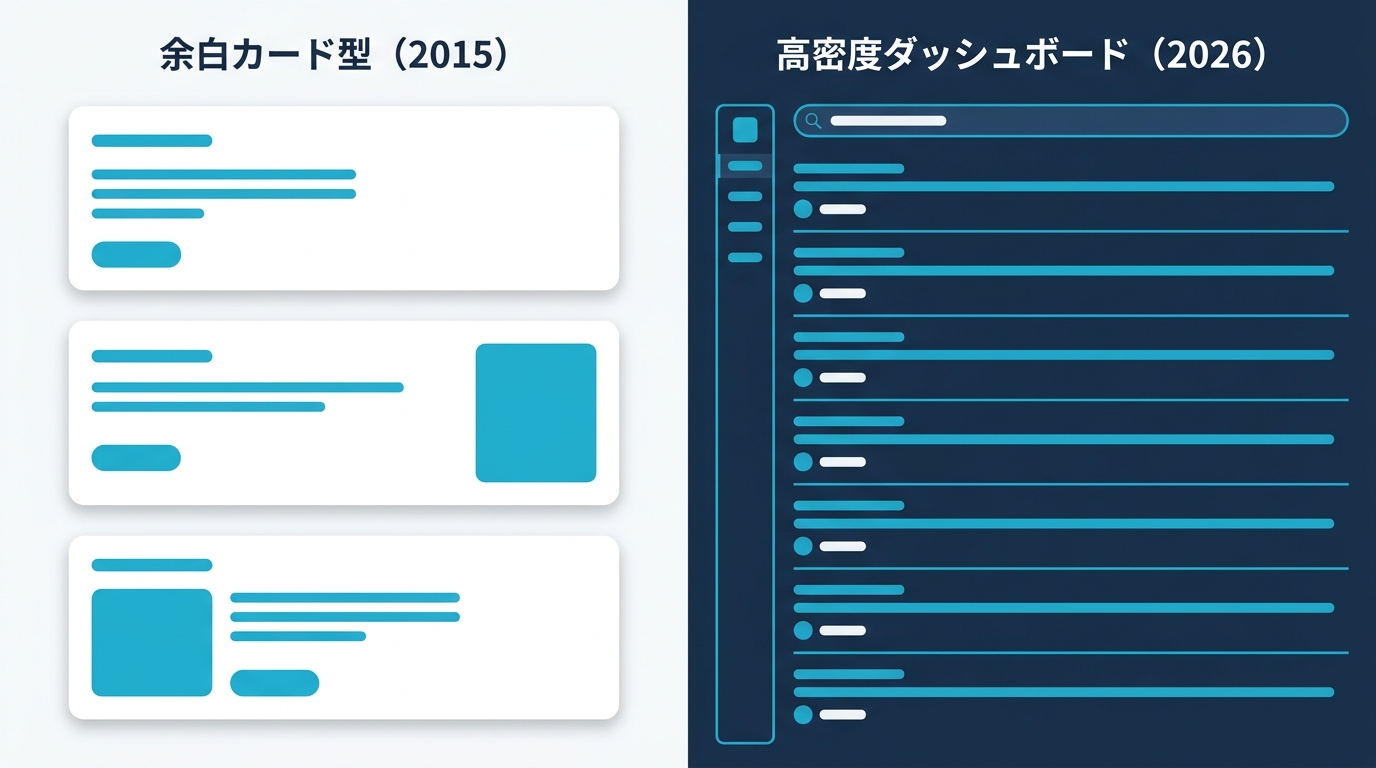 余白カード型（2015）と高密度ダッシュボード（2026）のレイアウト対比図