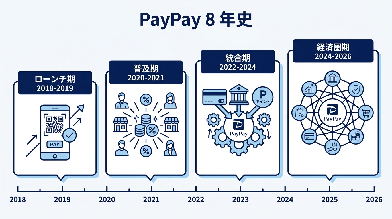 PayPay 8 年史 — ローンチ期・普及期・統合期・経済圏期の 4 フェーズタイムライン
