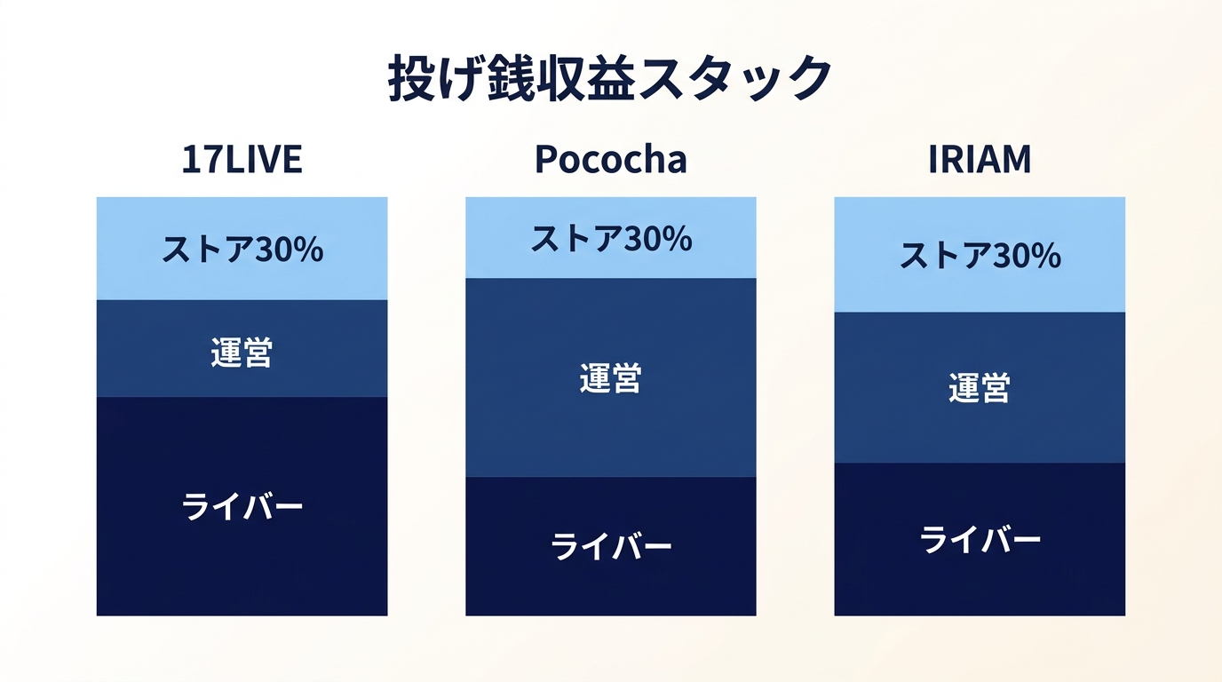 投げ銭収益スタック（ストア30% / 運営 / ライバー）