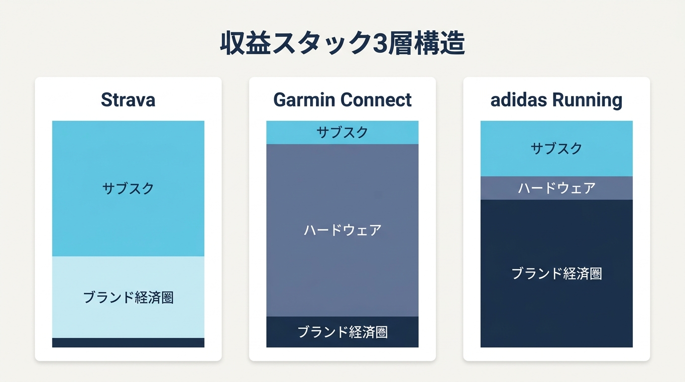 Strava Garmin adidas Running 収益スタック 3 層構造