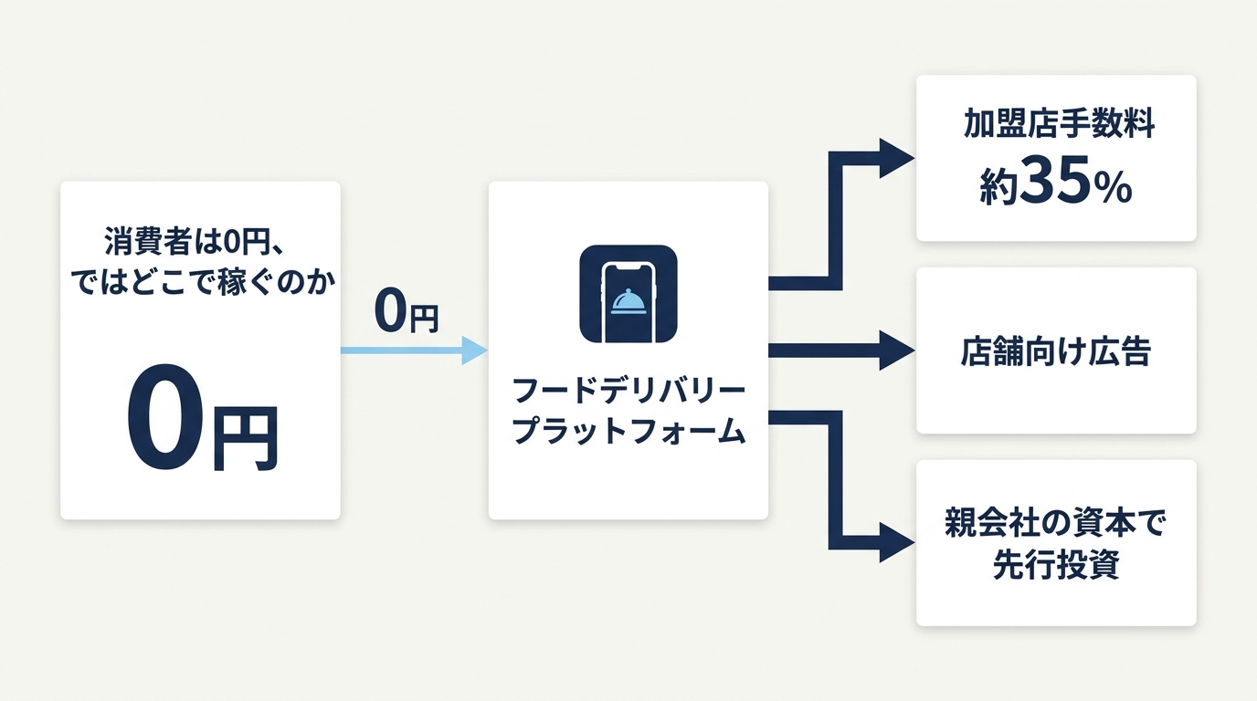 ロケットナウの収益構造(消費者0円・加盟店手数料約35%・店舗向け広告・親会社の資本で先行投資)