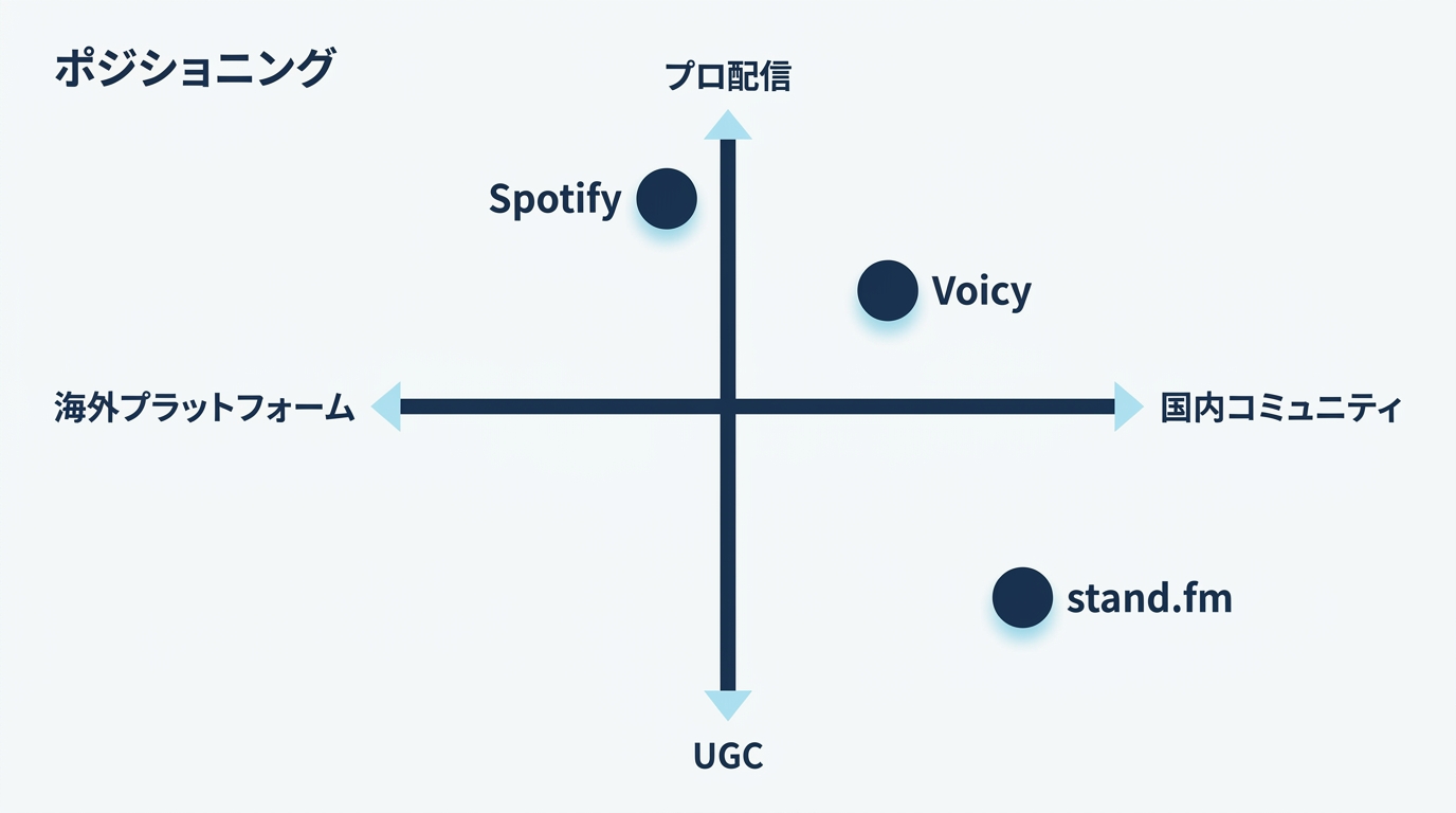Spotify / Voicy / stand.fm の 2 軸ポジショニング(海外プラットフォーム × 国内コミュニティ/プロ配信 × UGC)