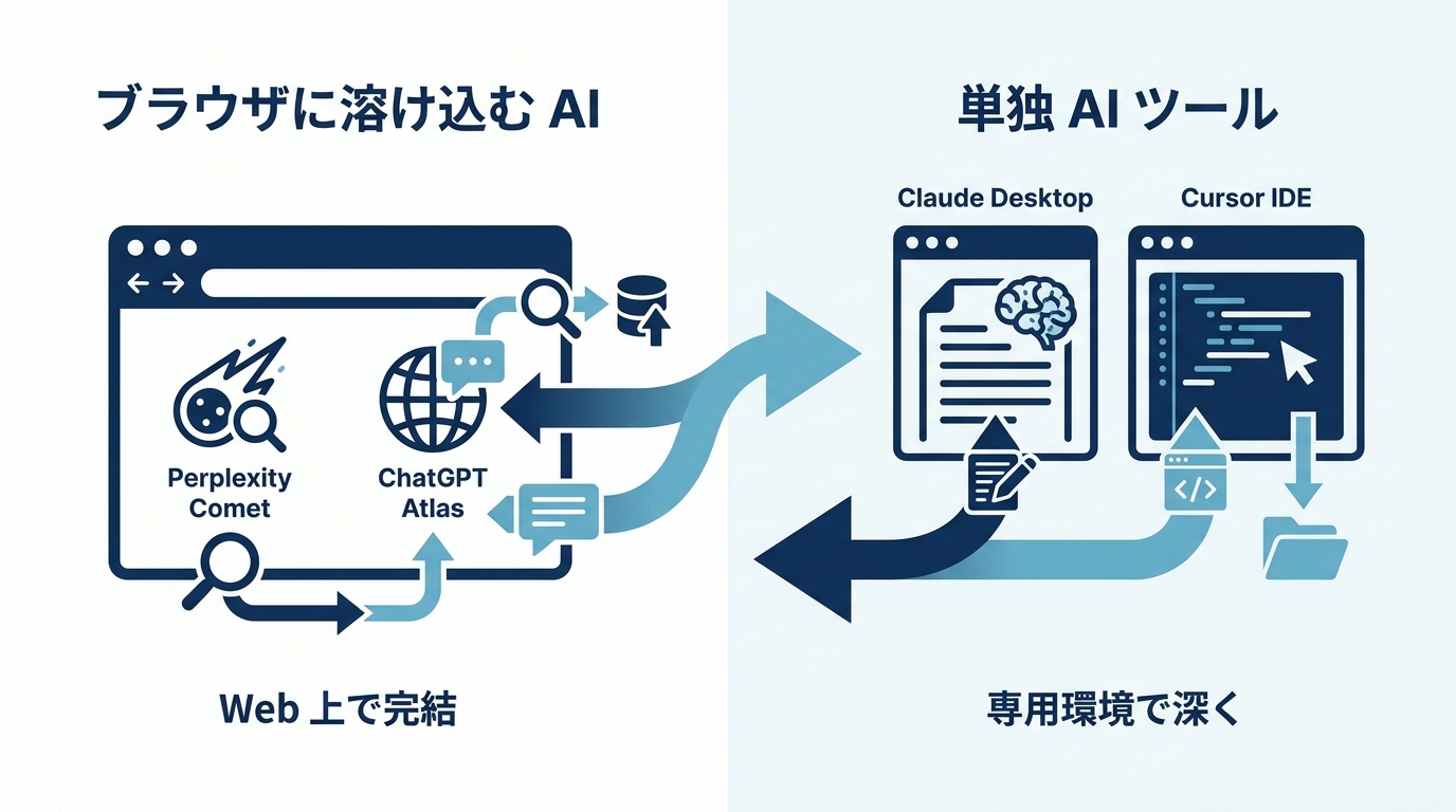 ブラウザに溶け込む AI と単独 AI ツール — Web 上で完結する型と専用環境で深く動く型