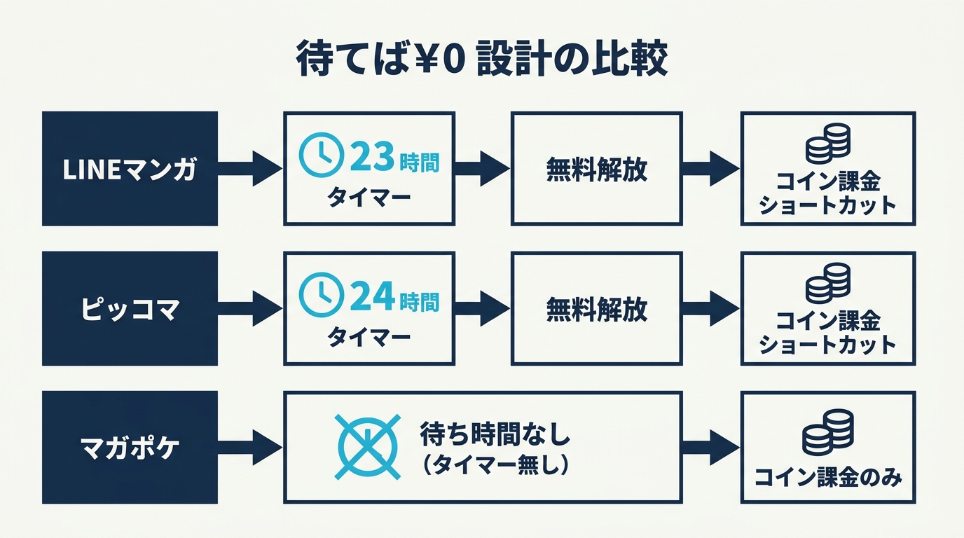 マンガアプリ 3 社の「待てば¥0」設計比較