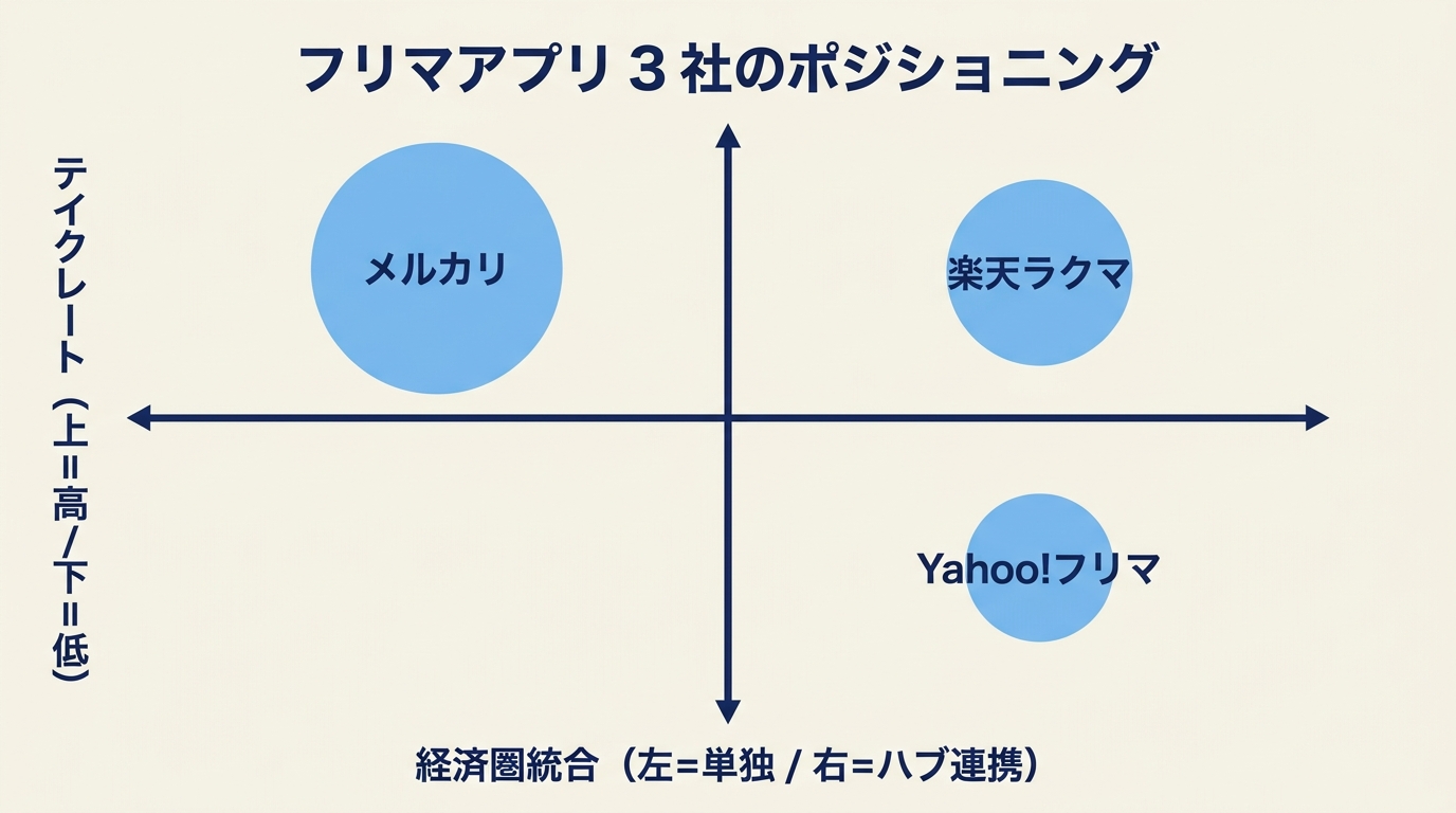 3社ポジショニングマップ：テイクレート × 経済圏統合度