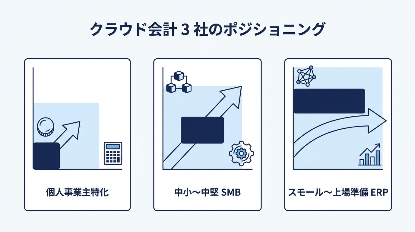 クラウド会計 3 社のポジショニング 個人事業主特化 中小〜中堅SMB スモール〜上場準備ERP