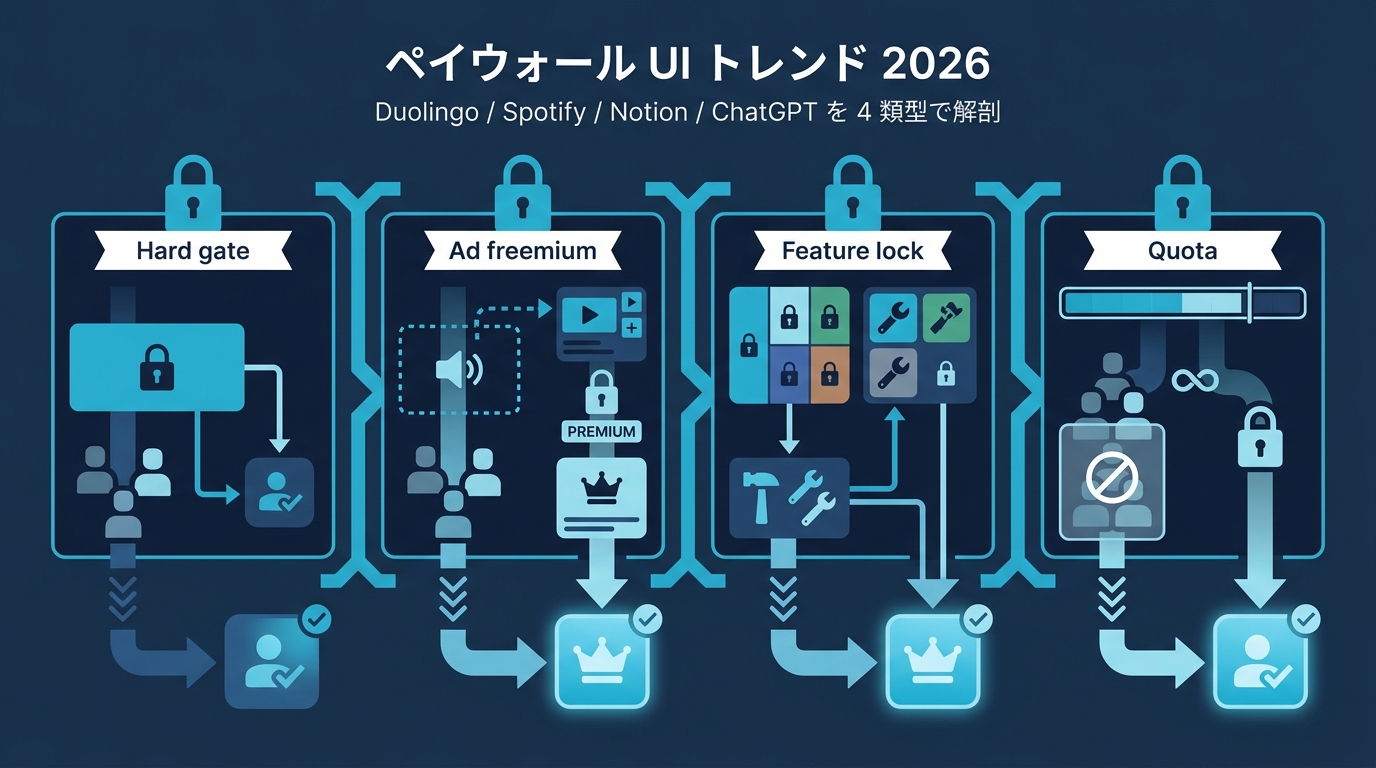ペイウォール UI トレンド 2026 — Duolingo / Spotify / Notion / ChatGPT を 4 類型で解剖