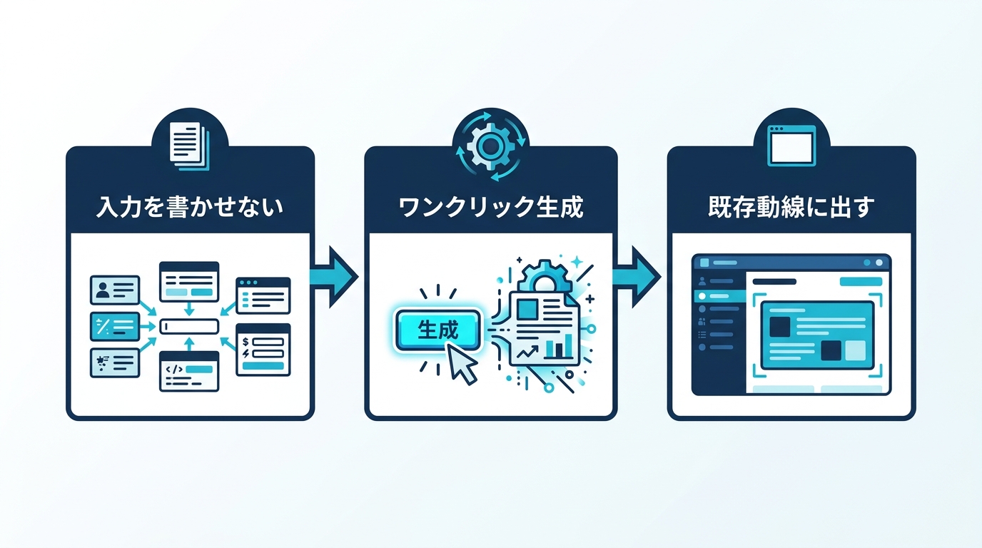 ゼロ摩擦AI設計の3要素を示すフロー図。既存データを自動投入しワンクリックで生成し出力を既存画面の動線上に出す流れ