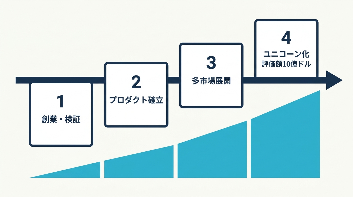 Speak の成長4フェーズのタイムライン図解。創業・検証、プロダクト確立、多市場展開、ユニコーン化の4段階