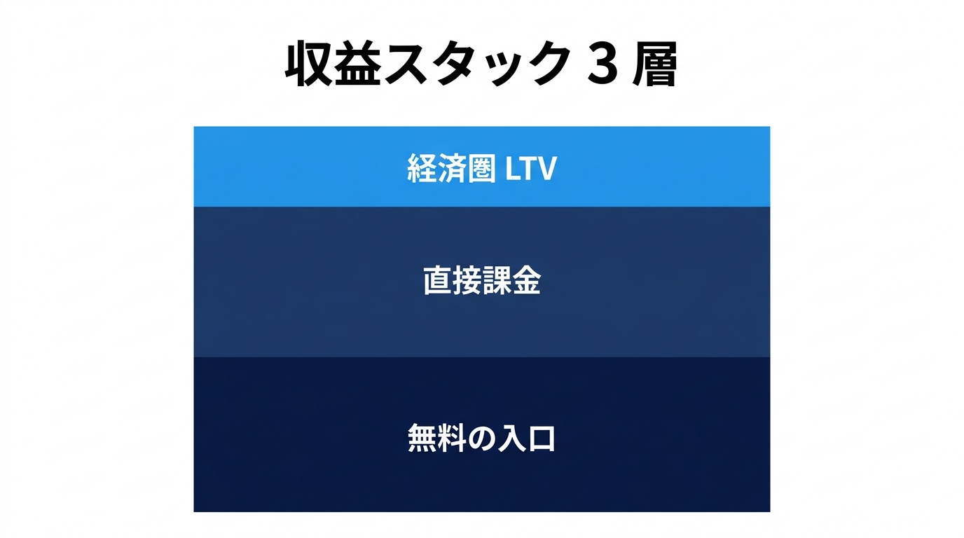 マンガアプリ 3 社の収益スタック(無料の入口・直接課金・経済圏 LTV)