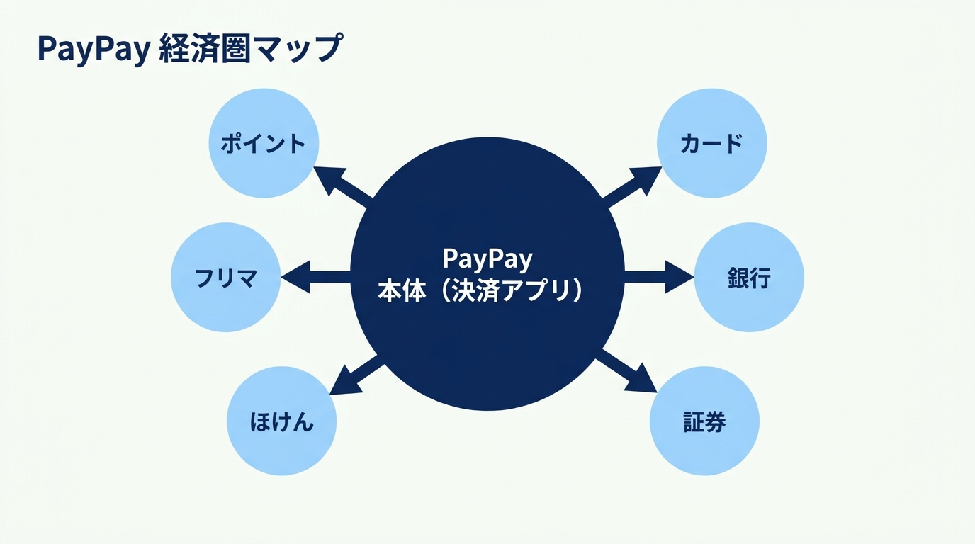 PayPay 経済圏マップ — 決済アプリを中心にカード・銀行・証券・ほけん・フリマ・ポイントを放射状に配置