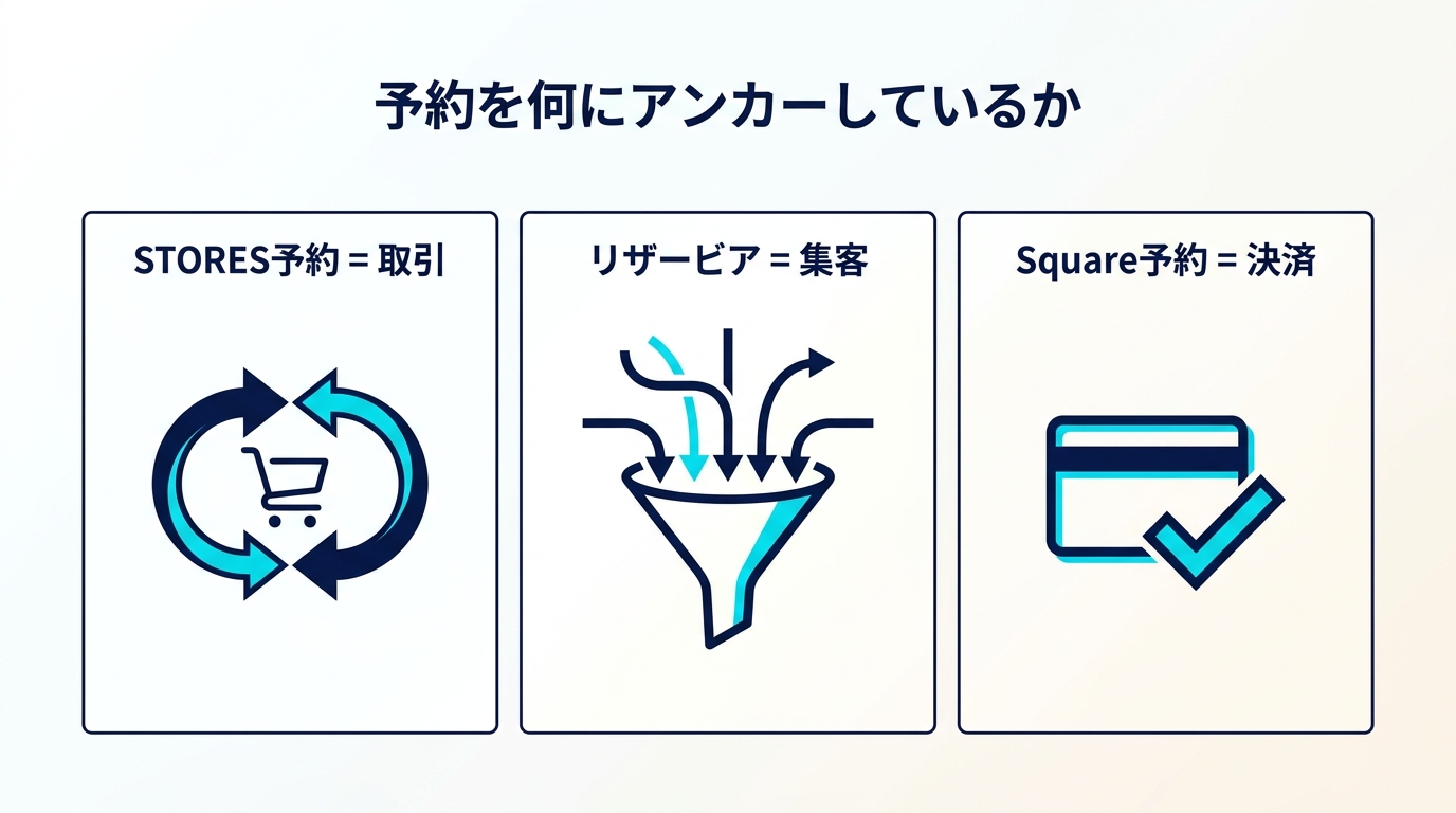 予約を何にアンカーしているか STORES予約は取引、リザービアは集客、Square予約は決済