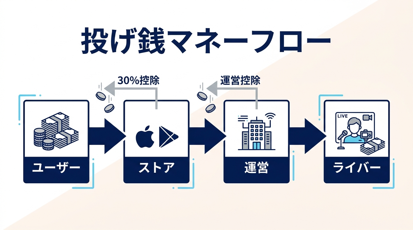 投げ銭マネーフロー（ユーザー → ストア → 運営 → ライバー）
