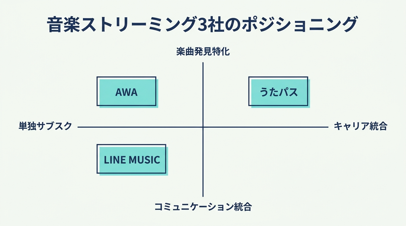 音楽ストリーミング3社のポジショニング（AWA / LINE MUSIC / うたパス）