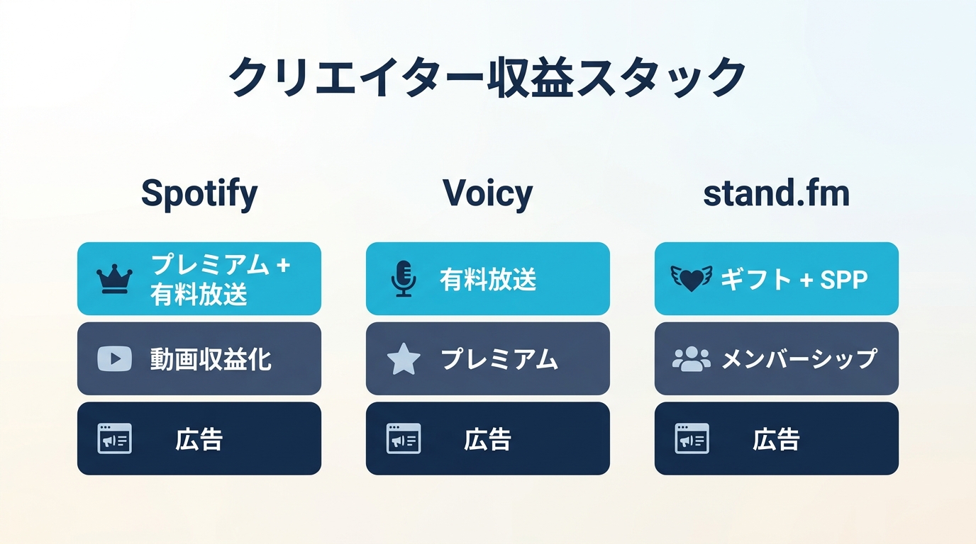 Spotify / Voicy / stand.fm のクリエイター収益スタック対比図(広告 / 直接課金 / 投げ銭の積み上げ)