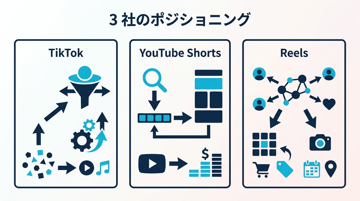 ショート動画 3 社のポジショニング — TikTok / YouTube Shorts / Reels の発見アルゴリズム・クリエイター母集団・プラットフォーム位置付けの対比