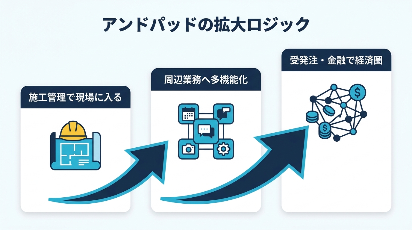 アンドパッドの拡大ロジック 施工管理で現場に入る 周辺業務へ多機能化 受発注・金融で経済圏