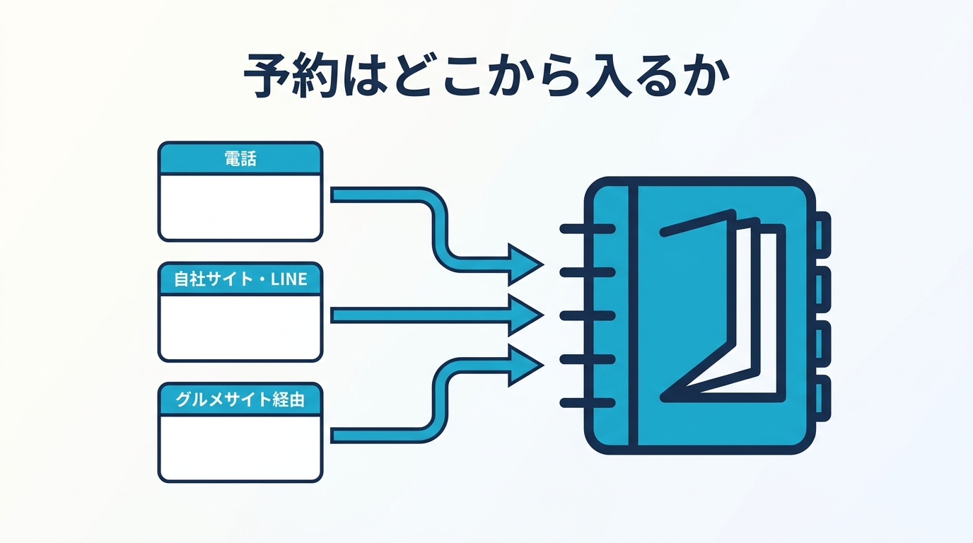 予約はどこから入るか 電話 自社サイト・LINE グルメサイト経由 を予約台帳に集約