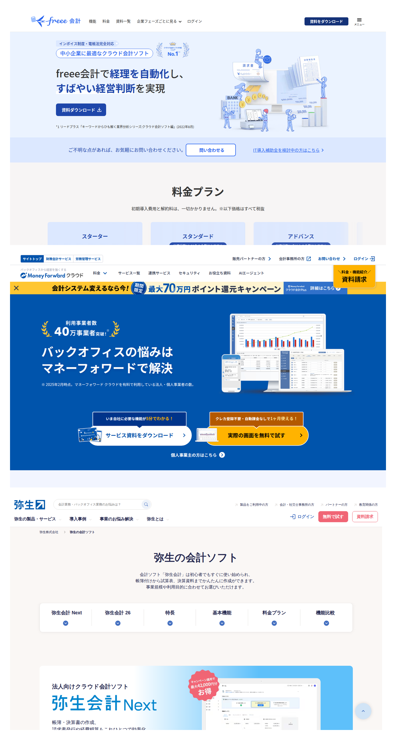 freee・マネーフォワード・弥生 3 社の公式 LP(freee.co.jp / biz.moneyforward.com / yayoi-kk.co.jp)