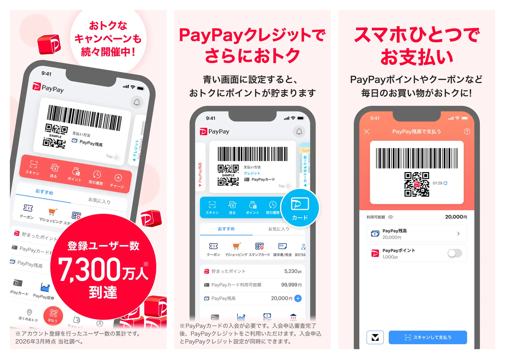 PayPay の主要画面:ホーム + ピーク・支払い方法選択・スキャンして支払う