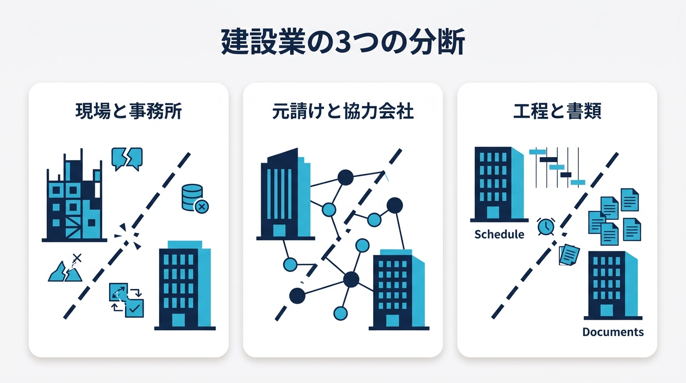 建設業の3つの分断 現場と事務所 元請けと協力会社 工程と書類