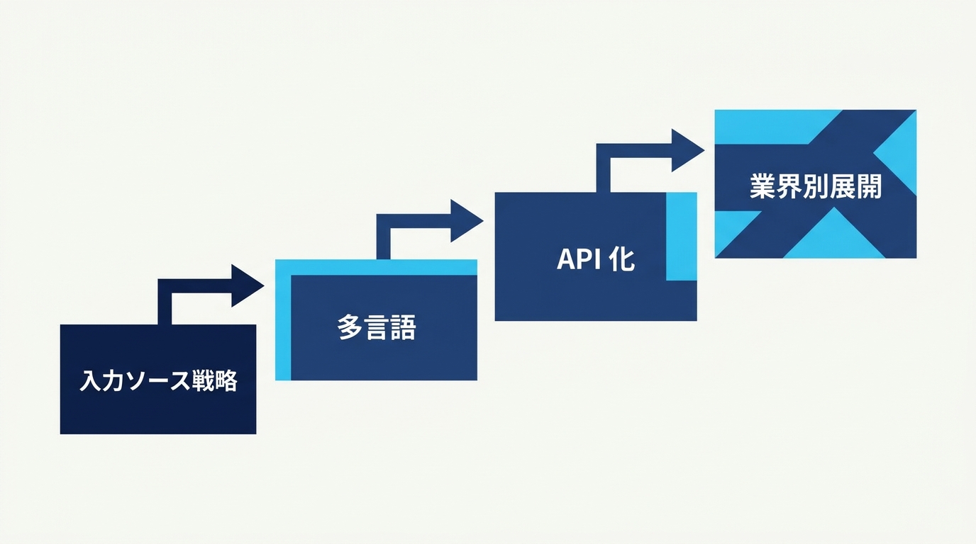 NoLang の成長 4 期（入力ソース戦略・多言語・API 化・業界別展開）を左から右へ積層するタイムライン図