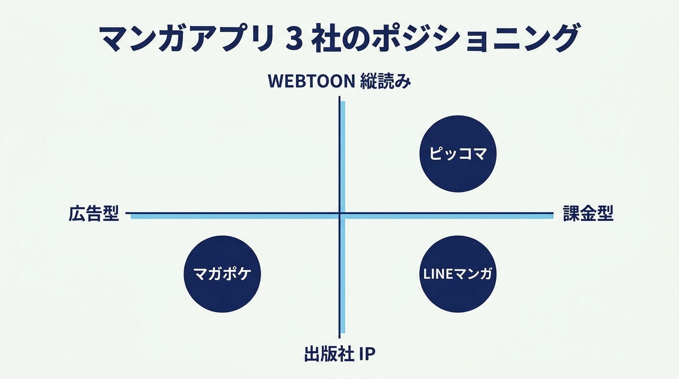 マンガアプリ 3 社のポジショニング図