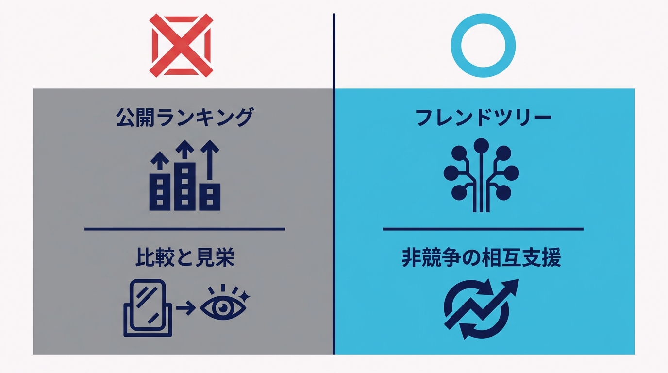 対比:公開ランキング型 対 非競争のフレンドツリー型