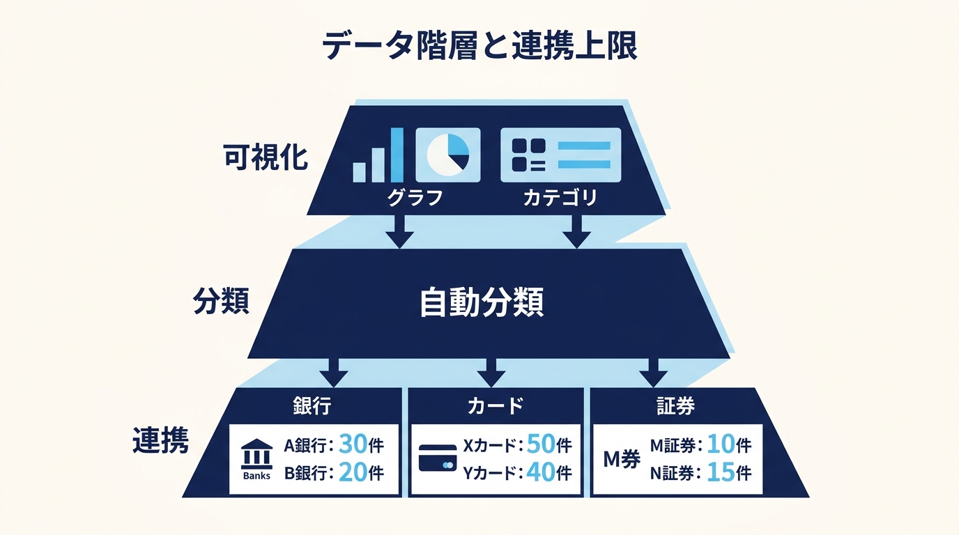 家計簿アプリ 3 社のデータ階層と連携上限