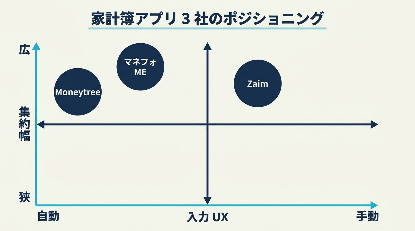 家計簿アプリ 3 社のポジショニング図